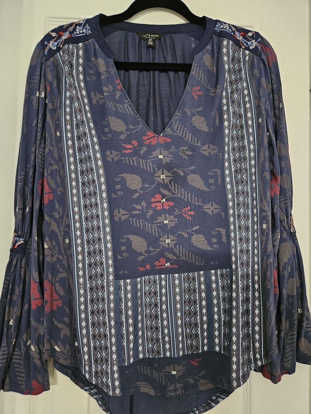 Lucky Brand Boho Mixed Print Embroidered Bell Sleeve Tunic Blouse